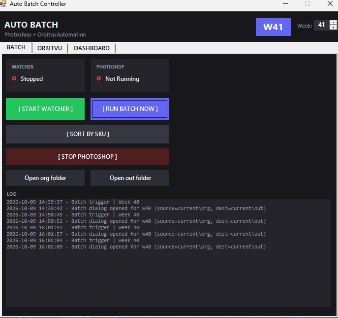 Auto Batch Controller, Batch tab: watcher status, run batch, sort by SKU and log